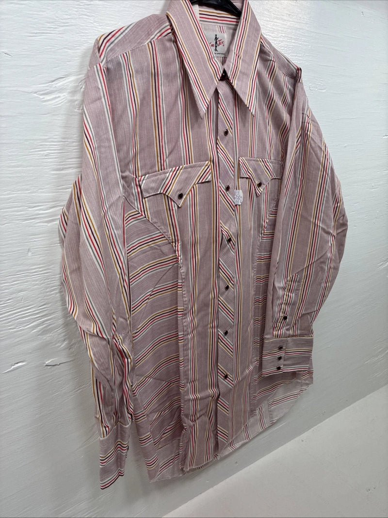 New Men’s Tem Tex Pink Stripe Long Sleeve Pearl Snap Medium J-73