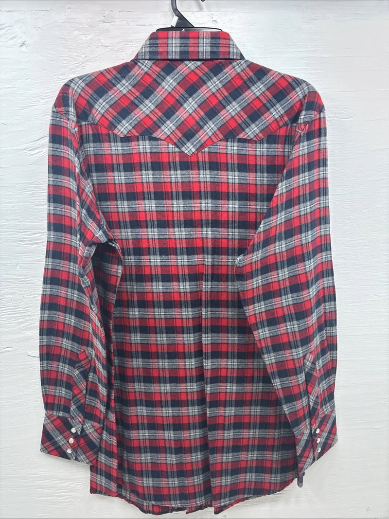 New Men’s White Horse Red Gray Plaid Long Sleeve Pearl Snap Large V-97