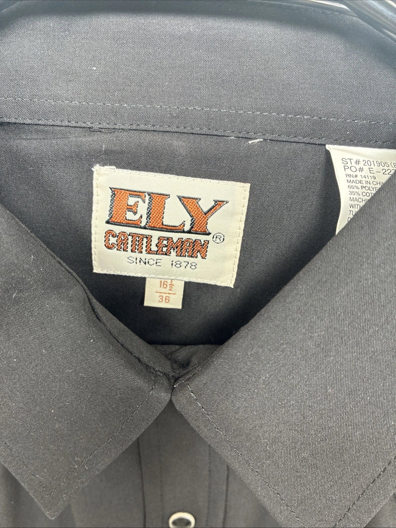 New Men’s ELY Cattleman Simple Black Long Sleeve Pearl Snap 16.5 Large M-54