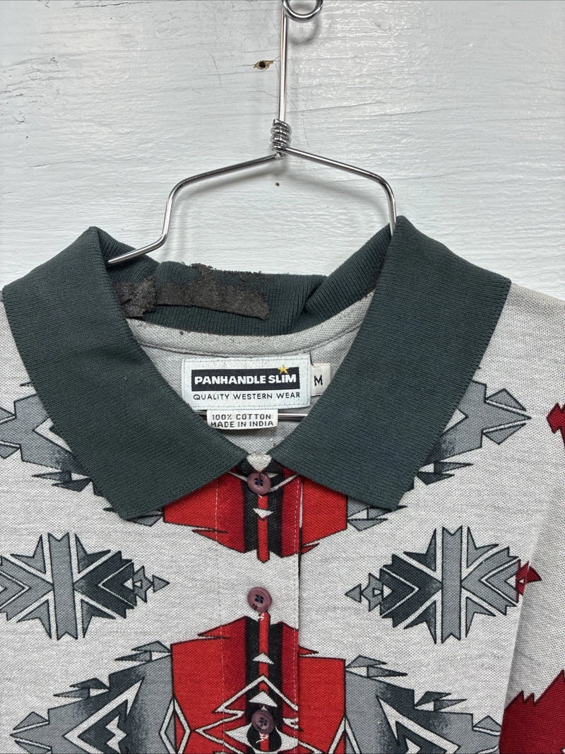 New Men’s Panhandle Slim Gray Red Western Design Short Sleeve Polo Medium K-73