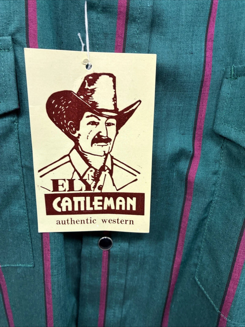 New Men’s ELY Cattleman Green Pink Strip Long Sleeve Pearl Snap 16 X 34 XL H-83