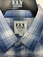 New Men’s Blue Paid ELY Cattleman Long Sleeve Pearl Snap Shirt. Large P-54