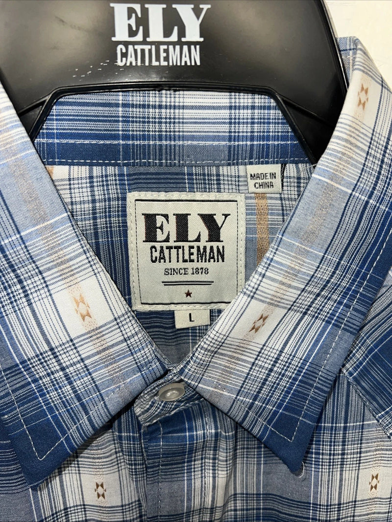New Men’s Blue Paid ELY Cattleman Long Sleeve Pearl Snap Shirt. Large P-54