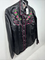 New Women’s Cumberland Black Rose Long Sleeve Pearl Snap Medium LL-86