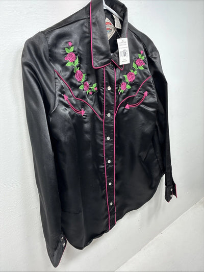 New Women’s Cumberland Black Rose Long Sleeve Pearl Snap Medium LL-86
