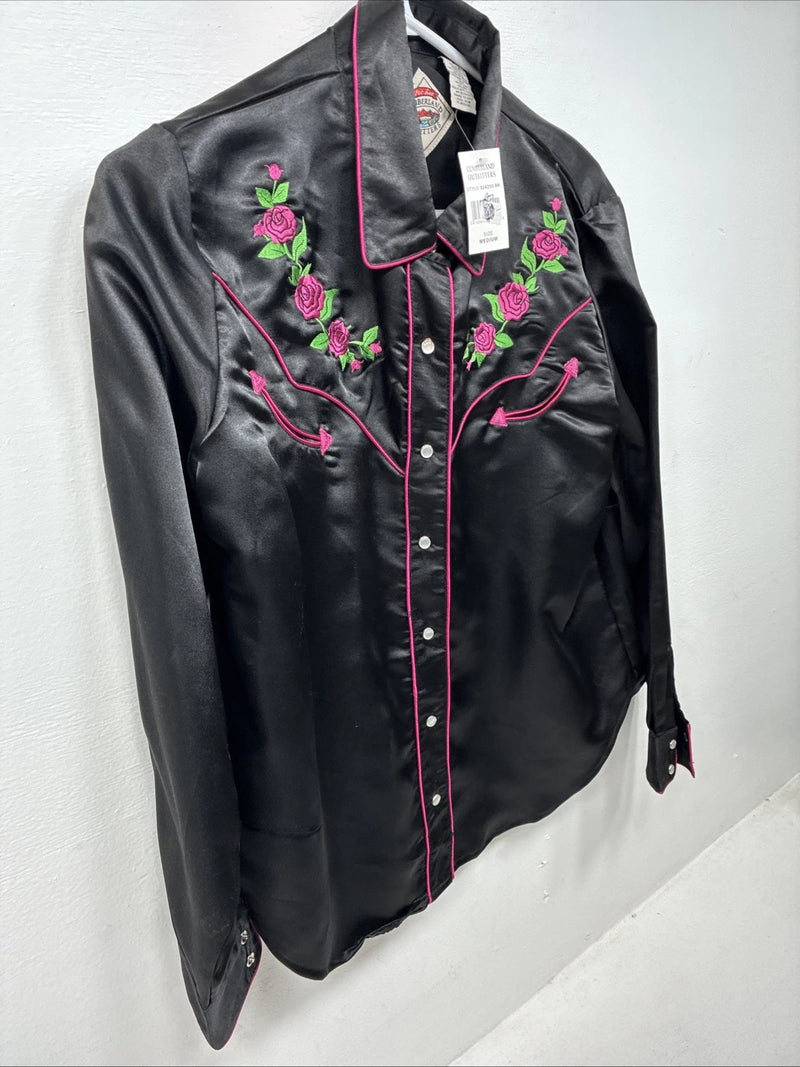 New Women’s Cumberland Black Rose Long Sleeve Pearl Snap Medium LL-86