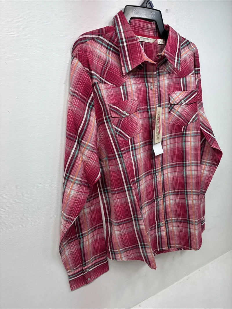 New Women’s Cumberland Pink Plaid Long Sleeve Pearl Snap XL GG-29