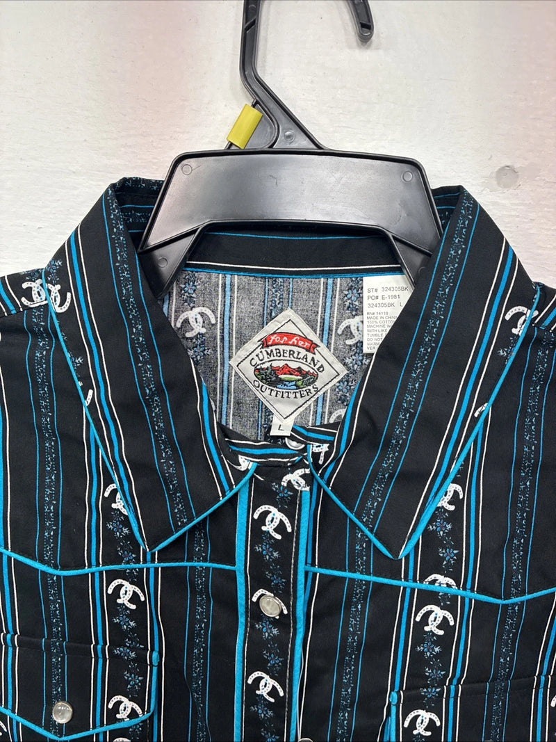 New Women’s Cumberland Blue Western Long Sleeve Pearl Snap Large DD-70
