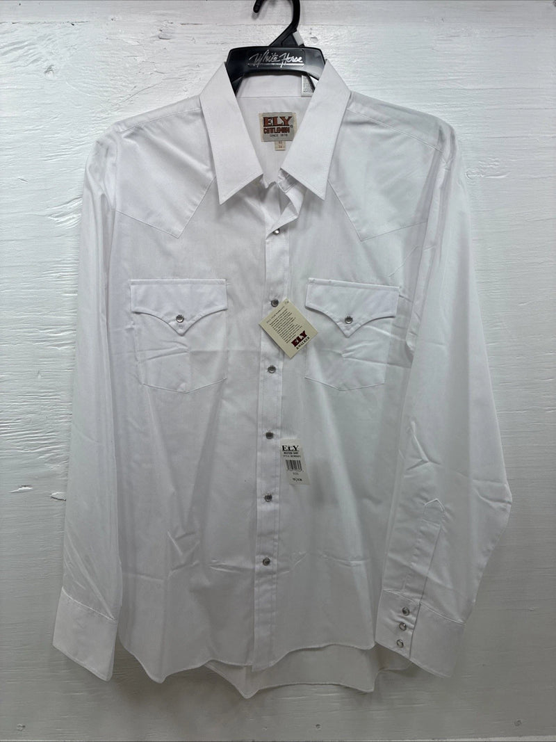 New Men’s ELY Cattleman White Long Sleeve Pearl Snap 16.5 X 36 Large CC-38
