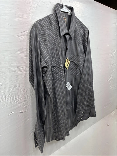New Men’s ELY Cattleman Gray White Stripe Long Sleeve Pearl Snap 16 Large Q-39