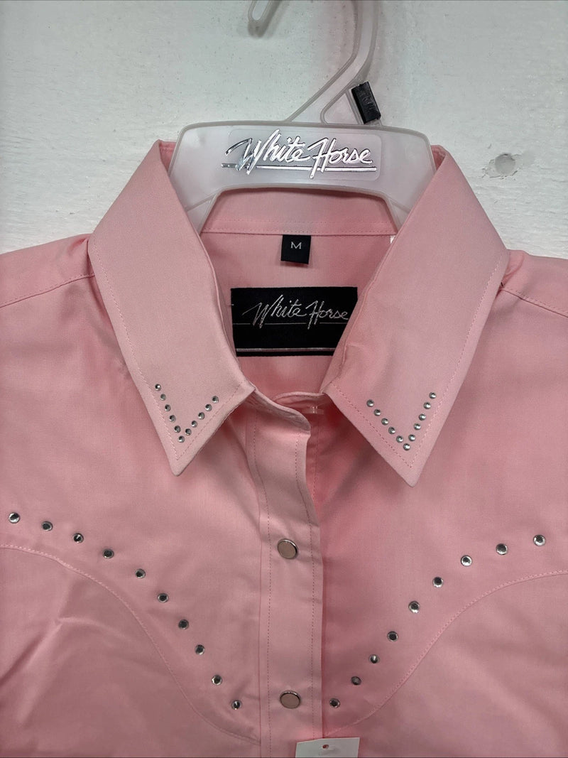 New Women’s White Horse Pink Gem Long Sleeve Pearl Snap Medium KK-95