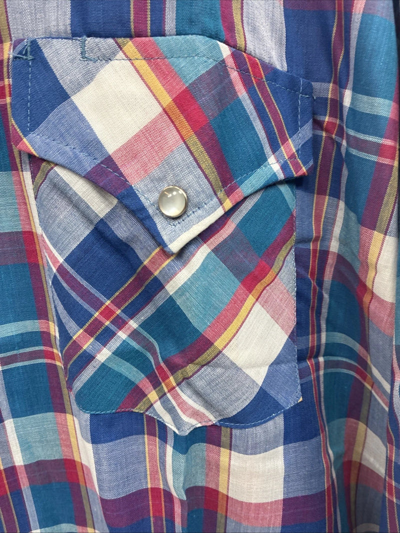 New Men’s ELY Cattleman Blue Multicolor Plaid Long Sleeve Pearl Snap Large X-17