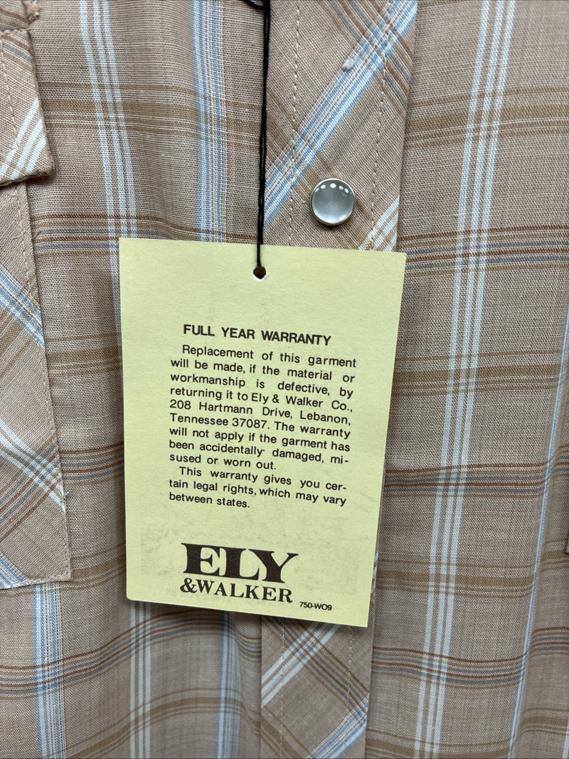 New Men’s ELY Cattleman Tan Plaid Short Sleeve Pearl Snap XL R-62