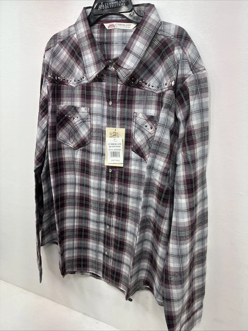 New Women’s Cumberland Purple Plaid Long Sleeve Pearl Snap 3XL GG-33