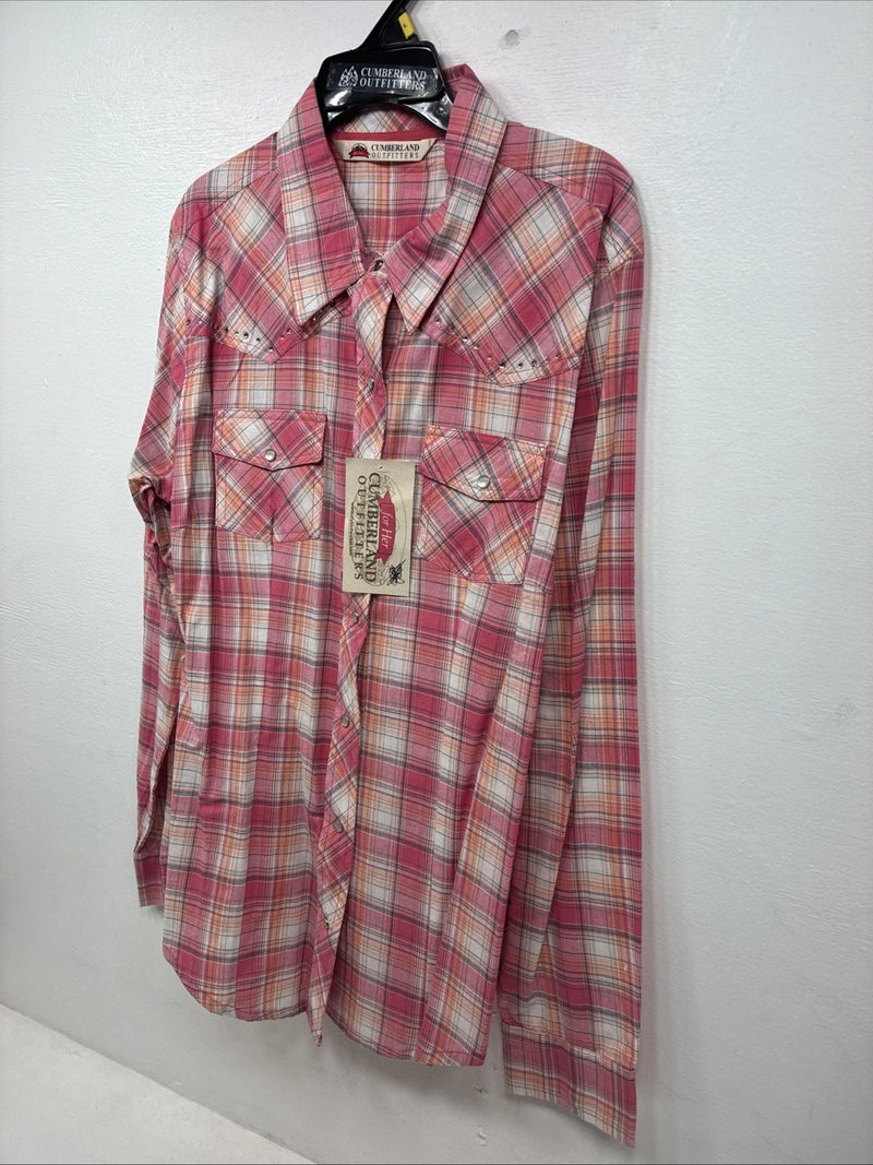 New Women’s Cumberland Pink Plaid Long Sleeve Pearl Snap Large GG-75