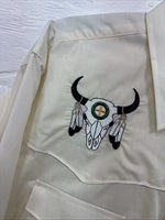 New Men’s White Horse Yellow Bull Design Long Sleeve Pearl Snap Large CC-33