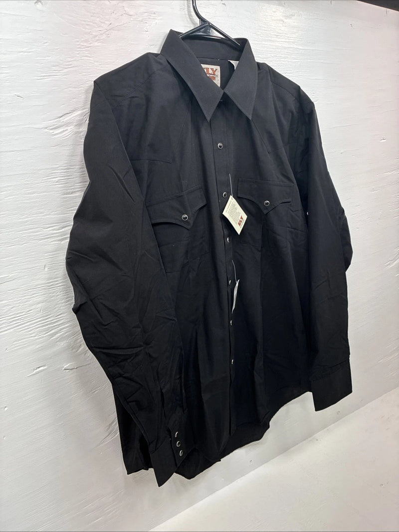 New Men’s ELY Cattleman Simple Black Long Sleeve Pearl Snap 16.5 Large M-54