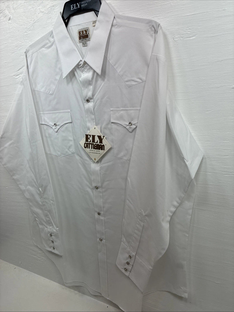 New Men’s ELY cattleman White Long Sleeve Pearl Snap 18.5 X 35 2XL H-36