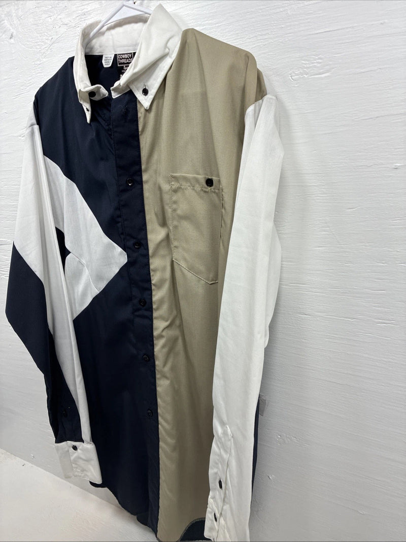 New Men’s Cowboy Threads Blue tan White Long Sleeve Pearl Snap Large V-32