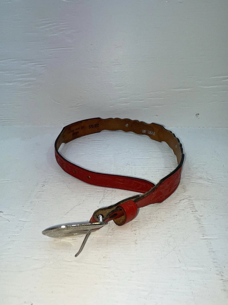 New Red Genuine Leather Tooled And Silver Pendent 22” Belt #5722 NN-14