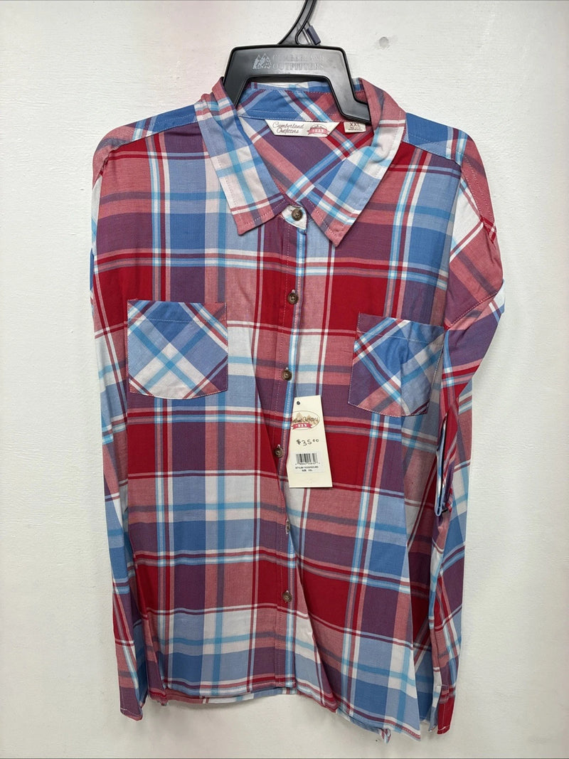New Women’s Cumberland Red Blue Plaid Short Sleeve Button Up 2XL GG-22
