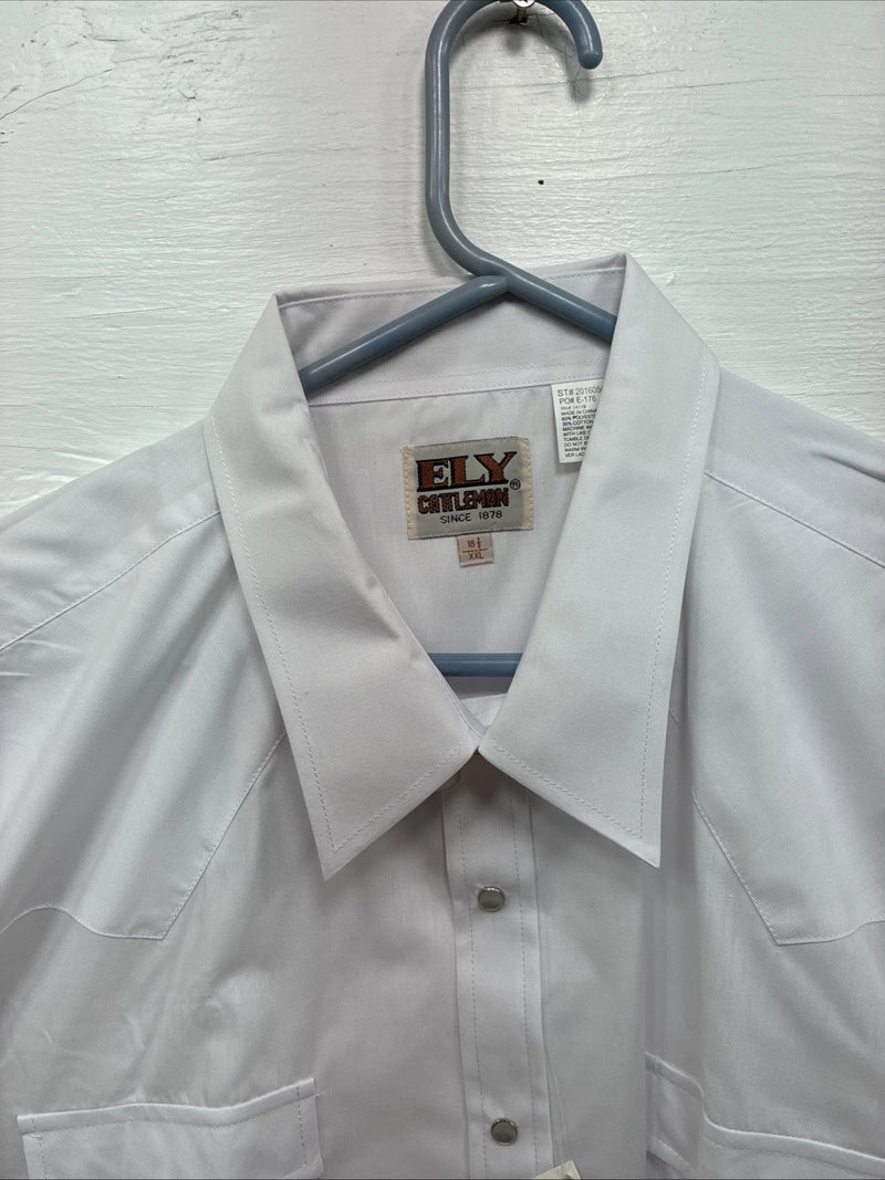 New Men’s ELY Cattleman White Short Sleeve Simple Pearl Snap 18.5 2XL F-79
