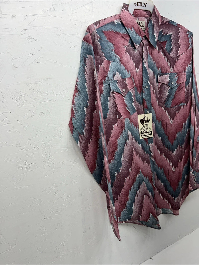 New Mens Pink Blue ELY Cattleman Long Sleeve Pearl Snap Shirt. 16x35 L P-64