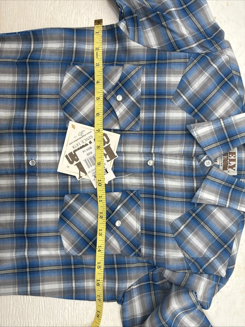 New Kids ELY Cattleman Blue Plaid Long Sleeve Pearl Snap Size 14 DD-39