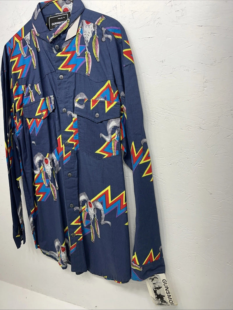 New Men’s Gunsmoke Multicolor skull Button Up Long Sleeve Shirt Medium I-42