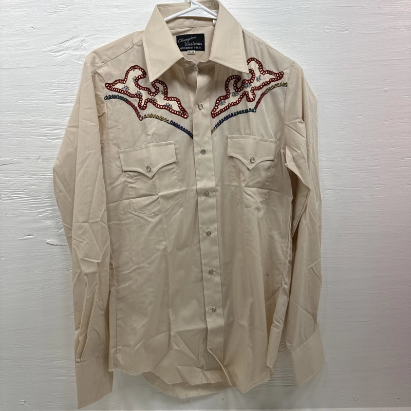 New Men’s Champion Western Cream Long sleeve pearl snap 15 X 34 medium B-74