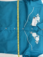 New Women’s Country Charmers Teal Rose Like Sleeve Pearl Snap Medium DD-143