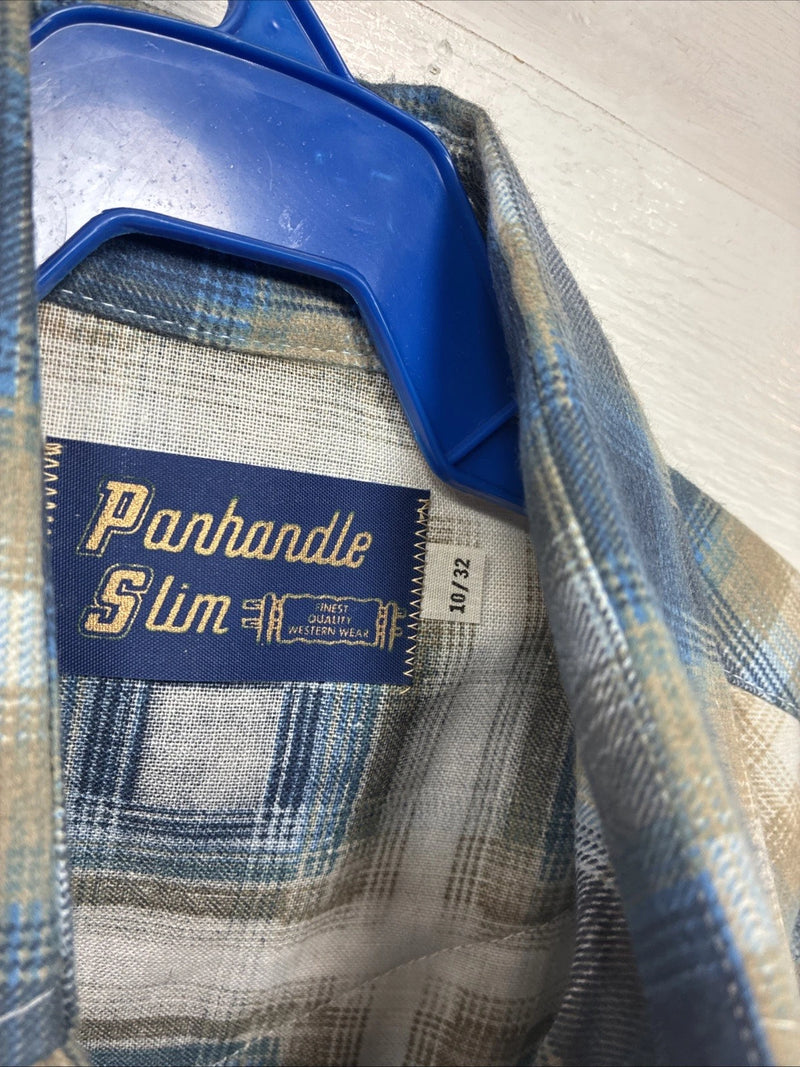 New Kids Panhandle Slim Blue Green Plaid Long Sleeve Pearl Snap Size 10 CC-83