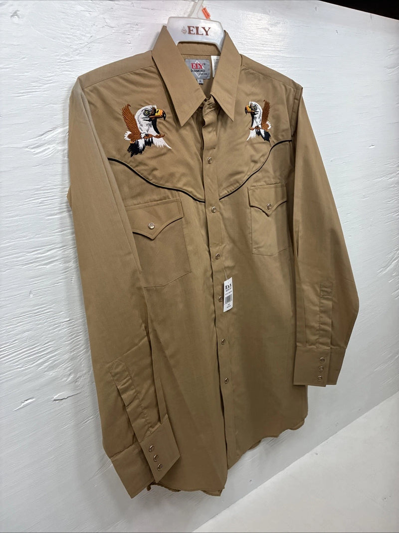 New Men’s ELY Cattleman Brown Eagle Design Long Sleeve Pearl Snap Medium J-95