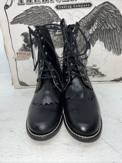 New Women’s Black Lace Up American West Cowboy Boots. 5991 7.5 7 1/2 W. 17-53