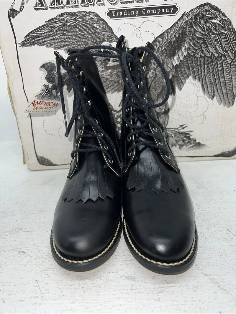New Women’s Black Lace Up American West Cowboy Boots. 5991 7.5 7 1/2 W. 17-53