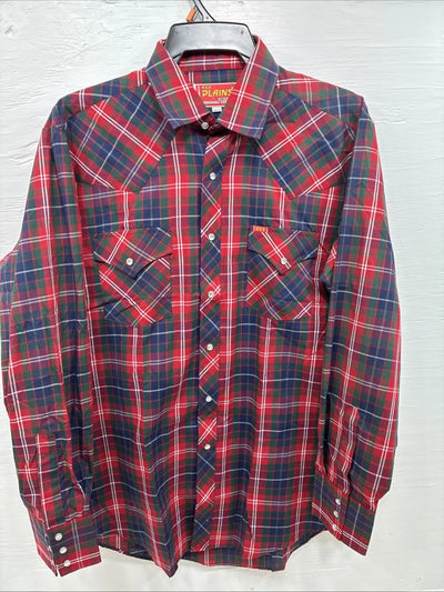New Men’s ELY Plains Red Plaid Long Sleeve Pearl Snap 16.5 X 35 Large K-78