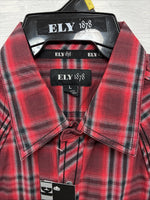New Men’s ELY 1878 Red Black Plaid Long Sleeve Pearl Snap Large Q-69