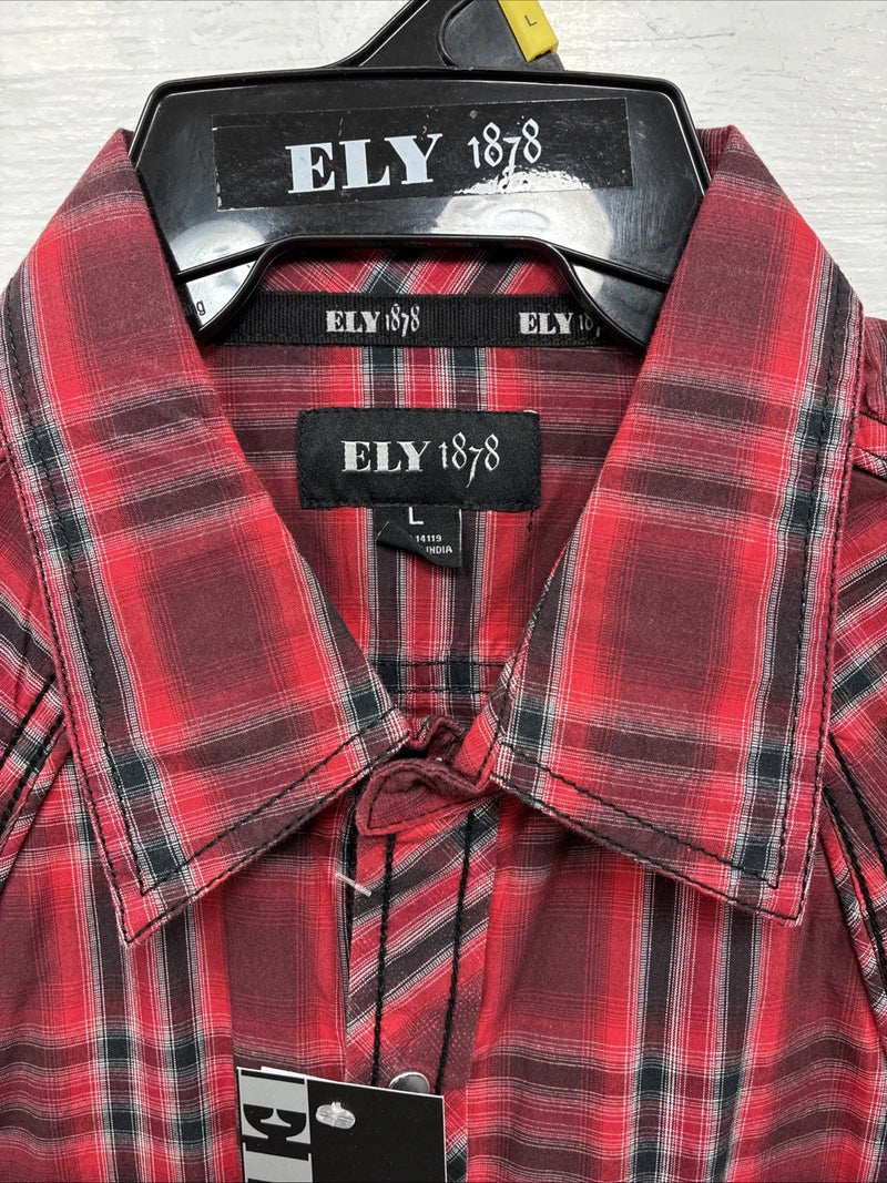 New Men’s ELY 1878 Red Black Plaid Long Sleeve Pearl Snap Large Q-69