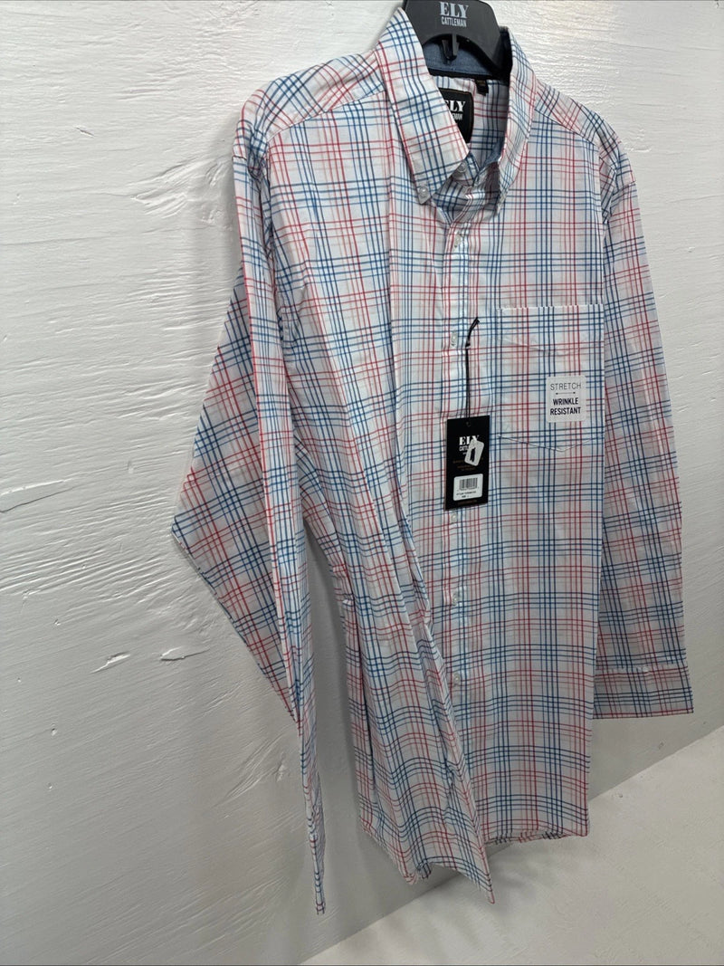 New Men’s ELY Cattleman White Multicolor Plaid Long Sleeve Button Up Large Q-21