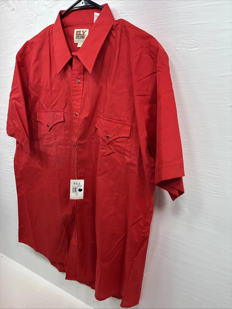 New Men’s ELY Cattleman Red Western Short Sleeve Pearl Snap 17 XL T-66