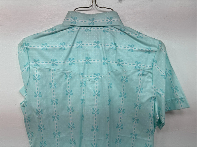 New Women’s H Bar C Blue Bow Short Sleeve Pearl Snap Size 32 LL-56