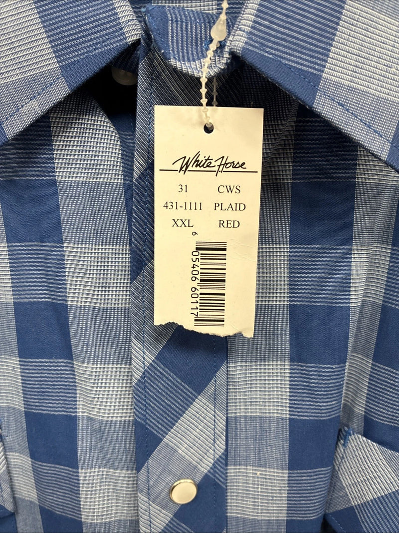 New Men’s White Horse Blue Checkered Short Sleeve Pearl Snap 2XL H-68
