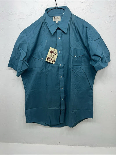 New Mens Blue Short Sleeve ELY cattleman Pearl Snap Shirt. 18.5 2XL G-76