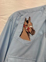 New Men’s ELY Wildlife Blue Horse Embroidered Long Sleeve Pearl Snap Medium K-57