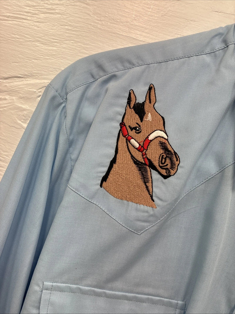 New Men’s ELY Wildlife Blue Horse Embroidered Long Sleeve Pearl Snap Medium K-57