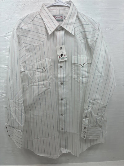 New Men’s H Bar C White Stripe Long Sleeve Pearl Snap Large T-83