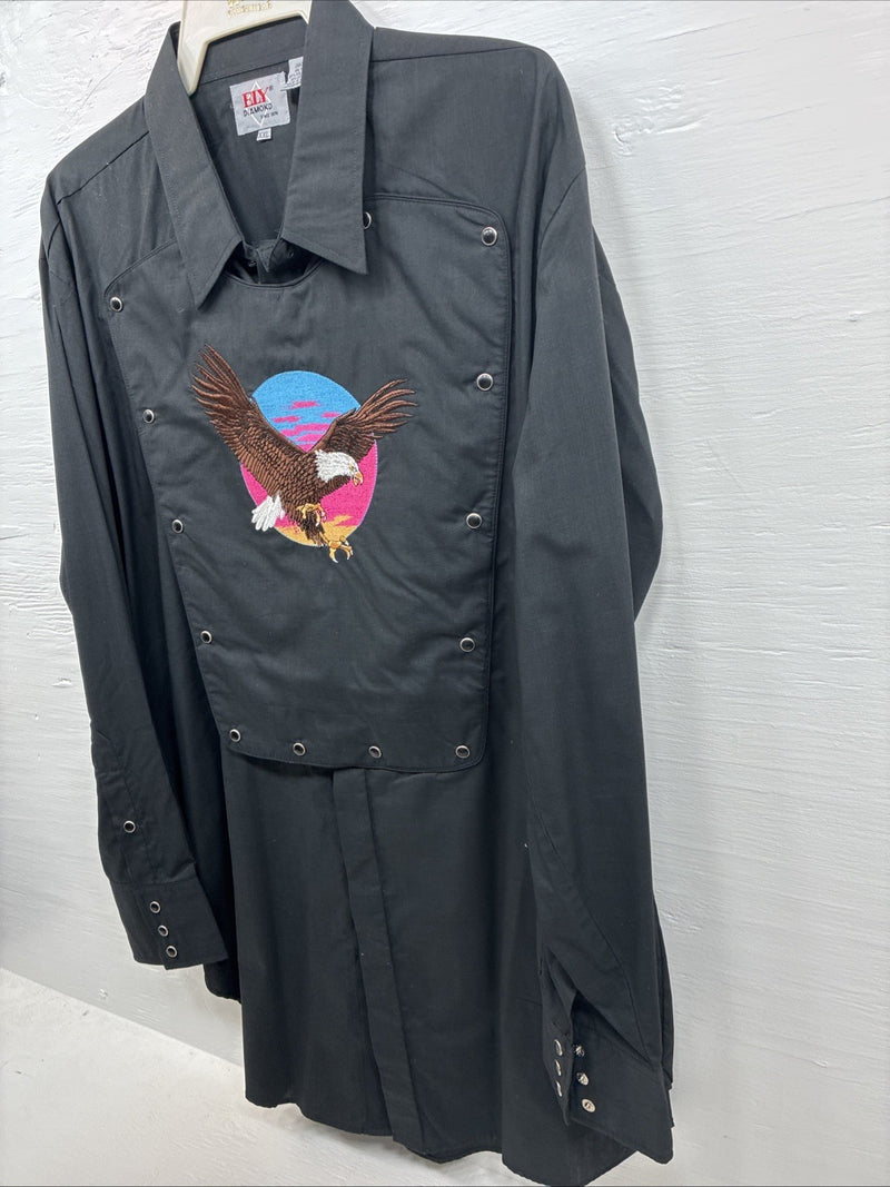 New Men’s ELY diamond Black Eagle Design Long Sleeve Pearl Snap 2XL H-38
