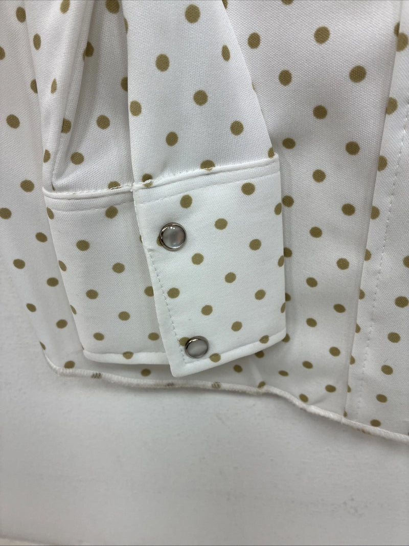New Women’s Lady DJ White Brown Polkadot Long Sleeve Pearl Snap Size 34 YY-114