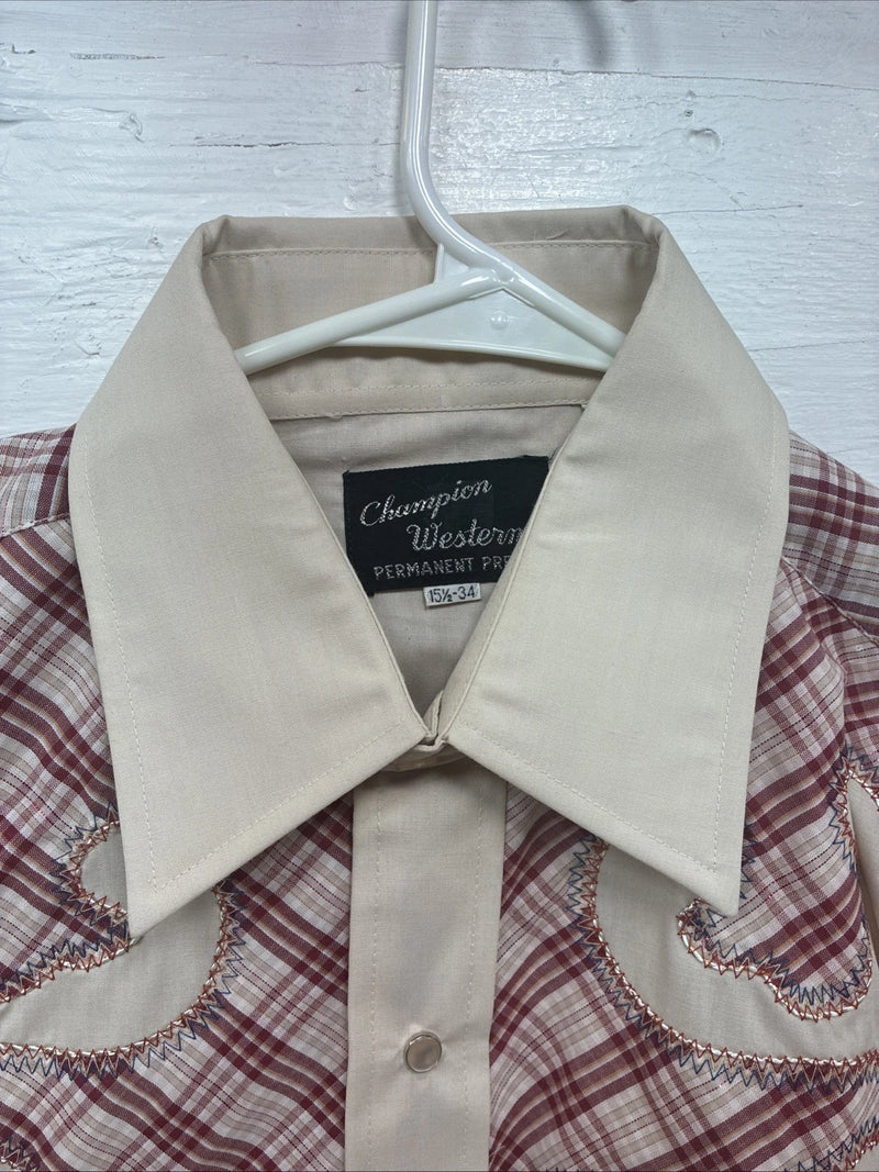 New Youth Champion Western Tan pink Plaid Long Sleeve Pearl Snap Medium T-82