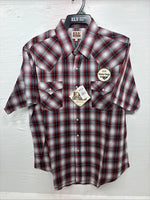 New Men’s ELY Cattleman Red Gray Plaid Short Sleeve Pearl Snap XL M-51